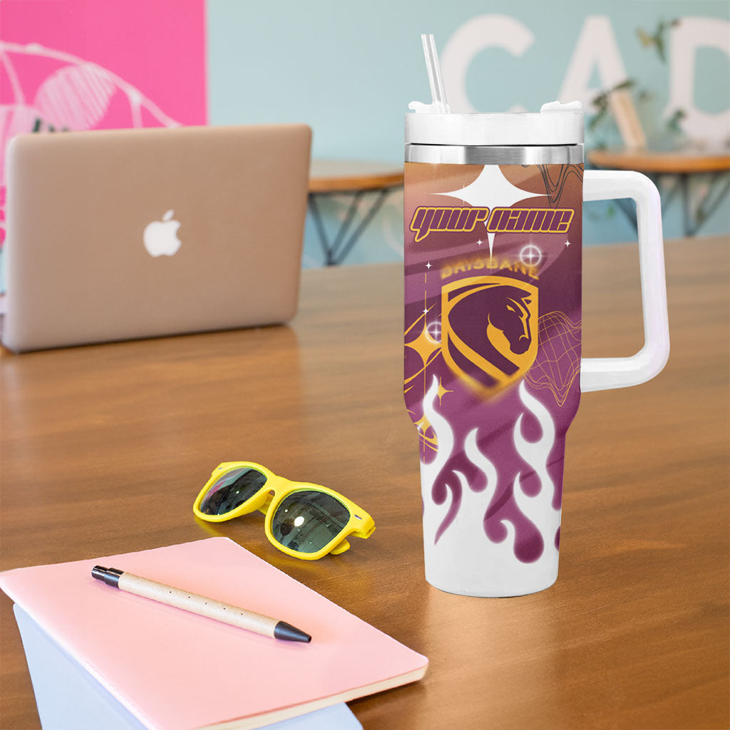 Personalized Brisbane Broncos Tumbler With Handle Y2K Grunge Aesthetic With Cyber Flames and Starburst Graphics