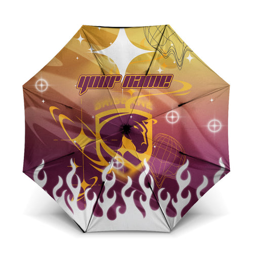 Personalized Brisbane Broncos Umbrella Y2K Grunge Aesthetic With Cyber Flames and Starburst Graphics