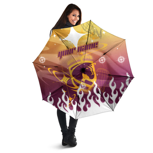 Personalized Brisbane Broncos Umbrella Y2K Grunge Aesthetic With Cyber Flames and Starburst Graphics