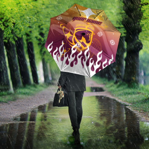 Personalized Brisbane Broncos Umbrella Y2K Grunge Aesthetic With Cyber Flames and Starburst Graphics
