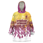 Personalized Brisbane Broncos Wearable Blanket Hoodie Y2K Grunge Aesthetic With Cyber Flames and Starburst Graphics