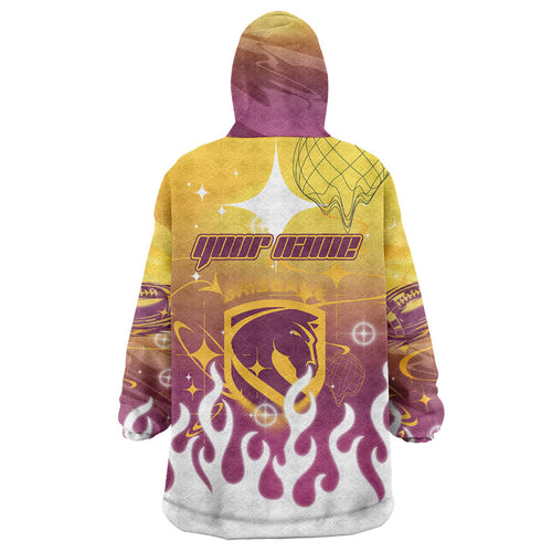 Personalized Brisbane Broncos Wearable Blanket Hoodie Y2K Grunge Aesthetic With Cyber Flames and Starburst Graphics