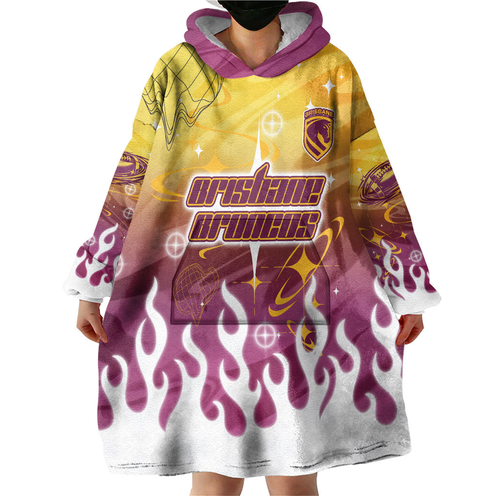 Personalized Brisbane Broncos Wearable Blanket Hoodie Y2K Grunge Aesthetic With Cyber Flames and Starburst Graphics