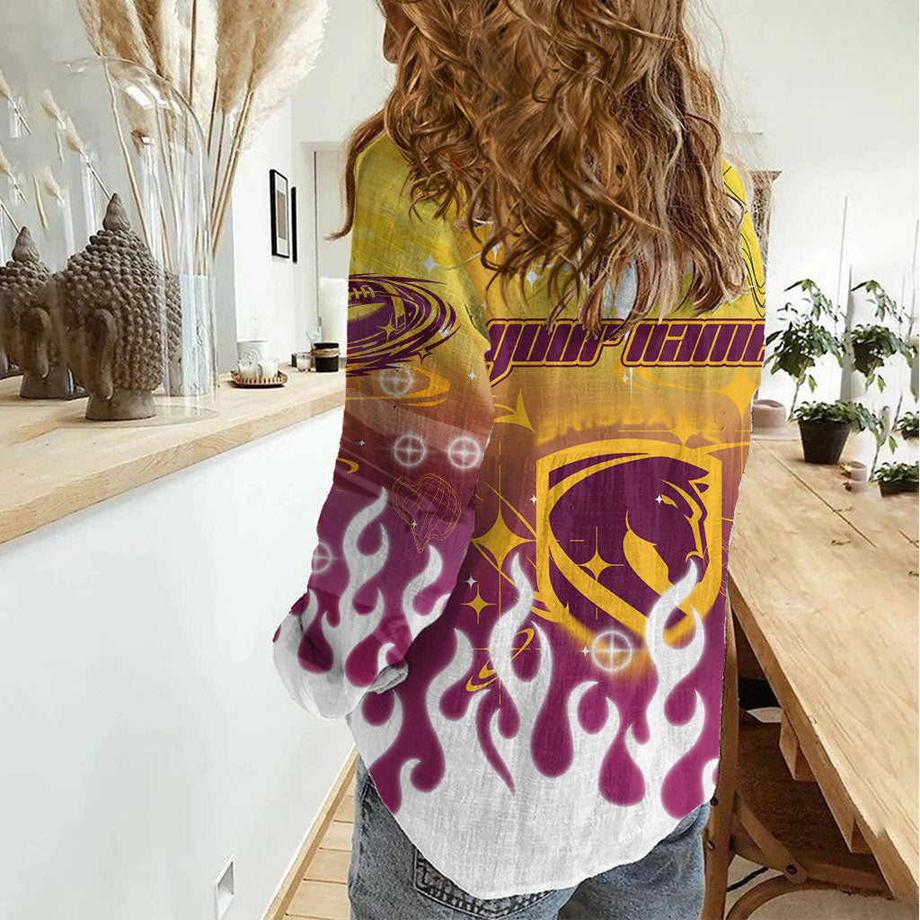 Personalized Brisbane Broncos Women Casual Shirt Y2K Grunge Aesthetic With Cyber Flames and Starburst Graphics