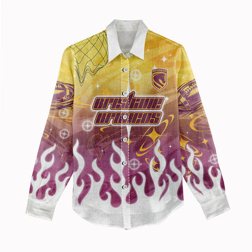 Personalized Brisbane Broncos Women Casual Shirt Y2K Grunge Aesthetic With Cyber Flames and Starburst Graphics