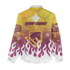 Personalized Brisbane Broncos Women Casual Shirt Y2K Grunge Aesthetic With Cyber Flames and Starburst Graphics