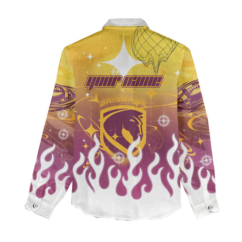 Personalized Brisbane Broncos Women Casual Shirt Y2K Grunge Aesthetic With Cyber Flames and Starburst Graphics