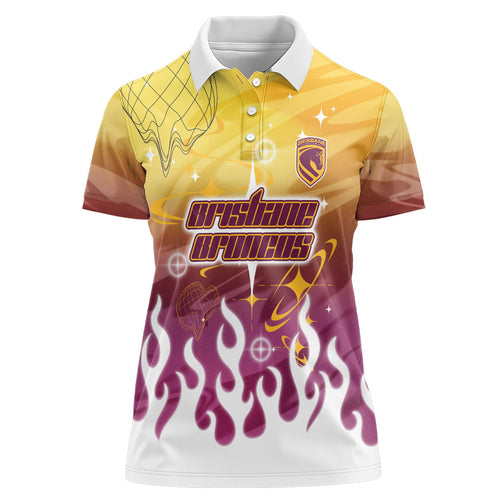 Personalized Brisbane Broncos Women Polo Shirt Y2K Grunge Aesthetic With Cyber Flames and Starburst Graphics