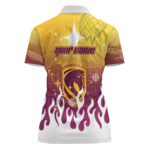 Personalized Brisbane Broncos Women Polo Shirt Y2K Grunge Aesthetic With Cyber Flames and Starburst Graphics