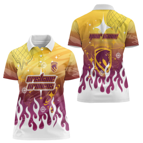 Personalized Brisbane Broncos Women Polo Shirt Y2K Grunge Aesthetic With Cyber Flames and Starburst Graphics