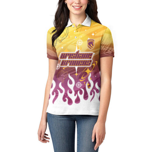 Personalized Brisbane Broncos Women Polo Shirt Y2K Grunge Aesthetic With Cyber Flames and Starburst Graphics