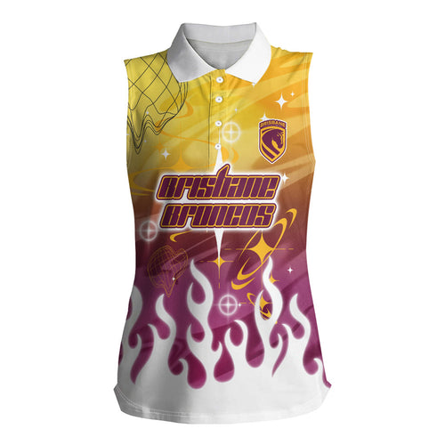Personalized Brisbane Broncos Women Sleeveless Polo Shirt Y2K Grunge Aesthetic With Cyber Flames and Starburst Graphics