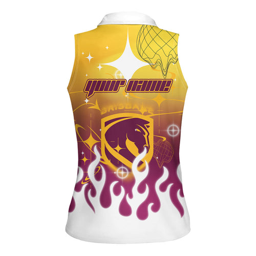 Personalized Brisbane Broncos Women Sleeveless Polo Shirt Y2K Grunge Aesthetic With Cyber Flames and Starburst Graphics