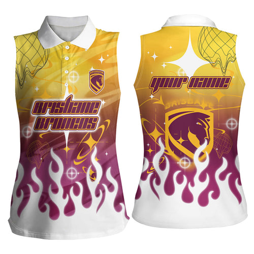 Personalized Brisbane Broncos Women Sleeveless Polo Shirt Y2K Grunge Aesthetic With Cyber Flames and Starburst Graphics