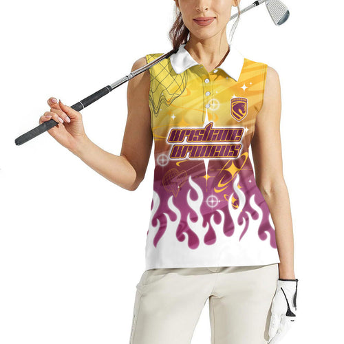 Personalized Brisbane Broncos Women Sleeveless Polo Shirt Y2K Grunge Aesthetic With Cyber Flames and Starburst Graphics