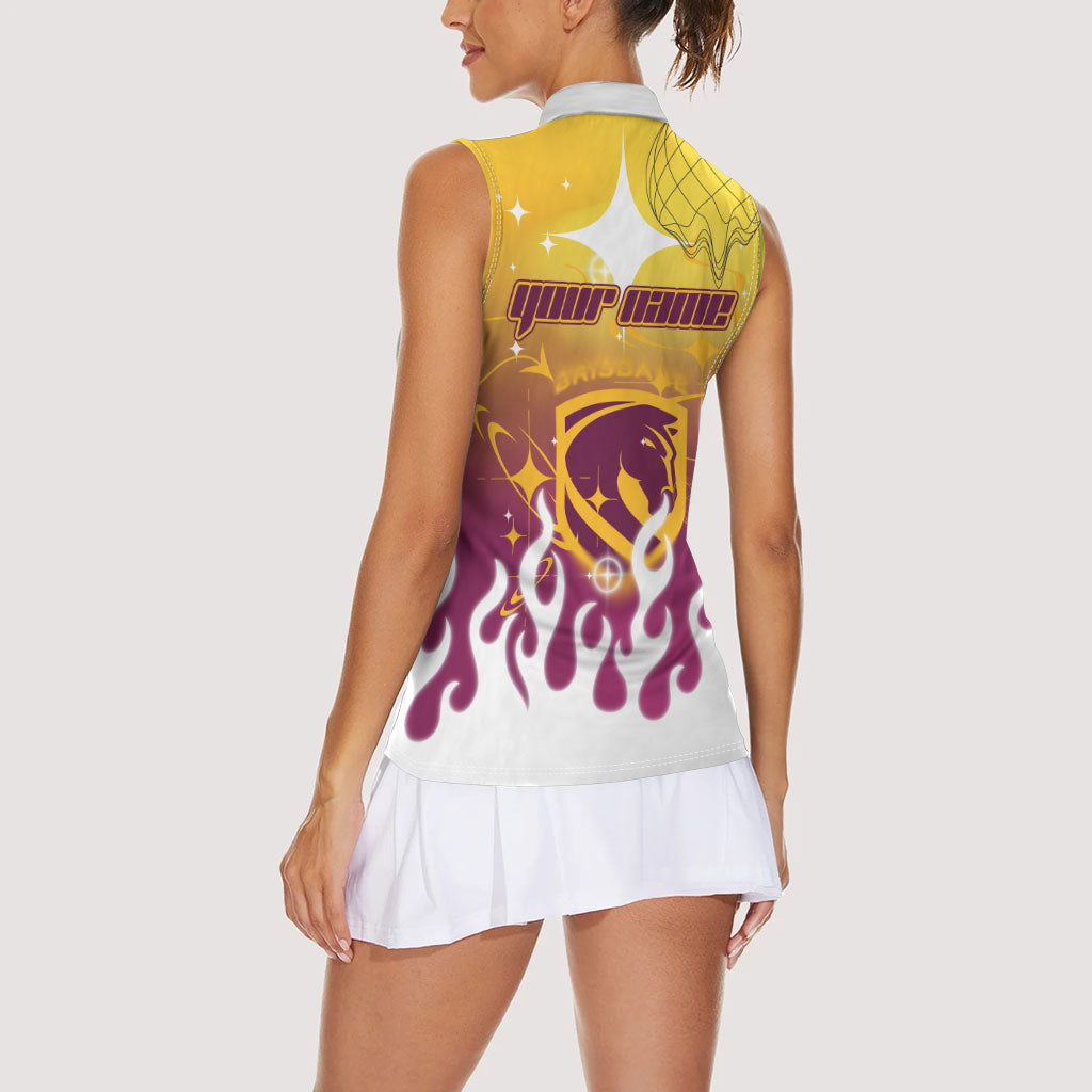 Personalized Brisbane Broncos Women Sleeveless Polo Shirt Y2K Grunge Aesthetic With Cyber Flames and Starburst Graphics
