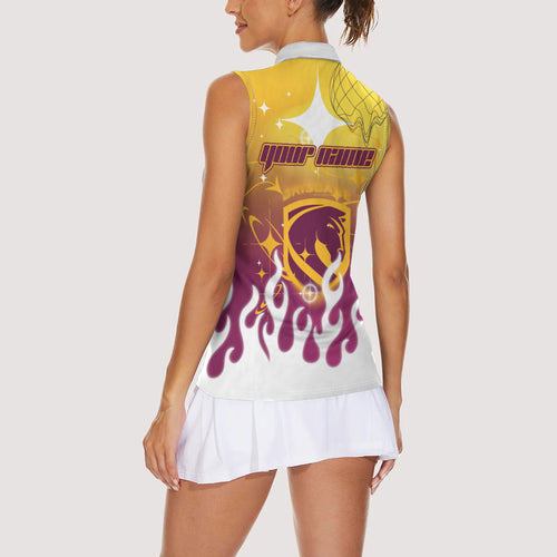 Personalized Brisbane Broncos Women Sleeveless Polo Shirt Y2K Grunge Aesthetic With Cyber Flames and Starburst Graphics