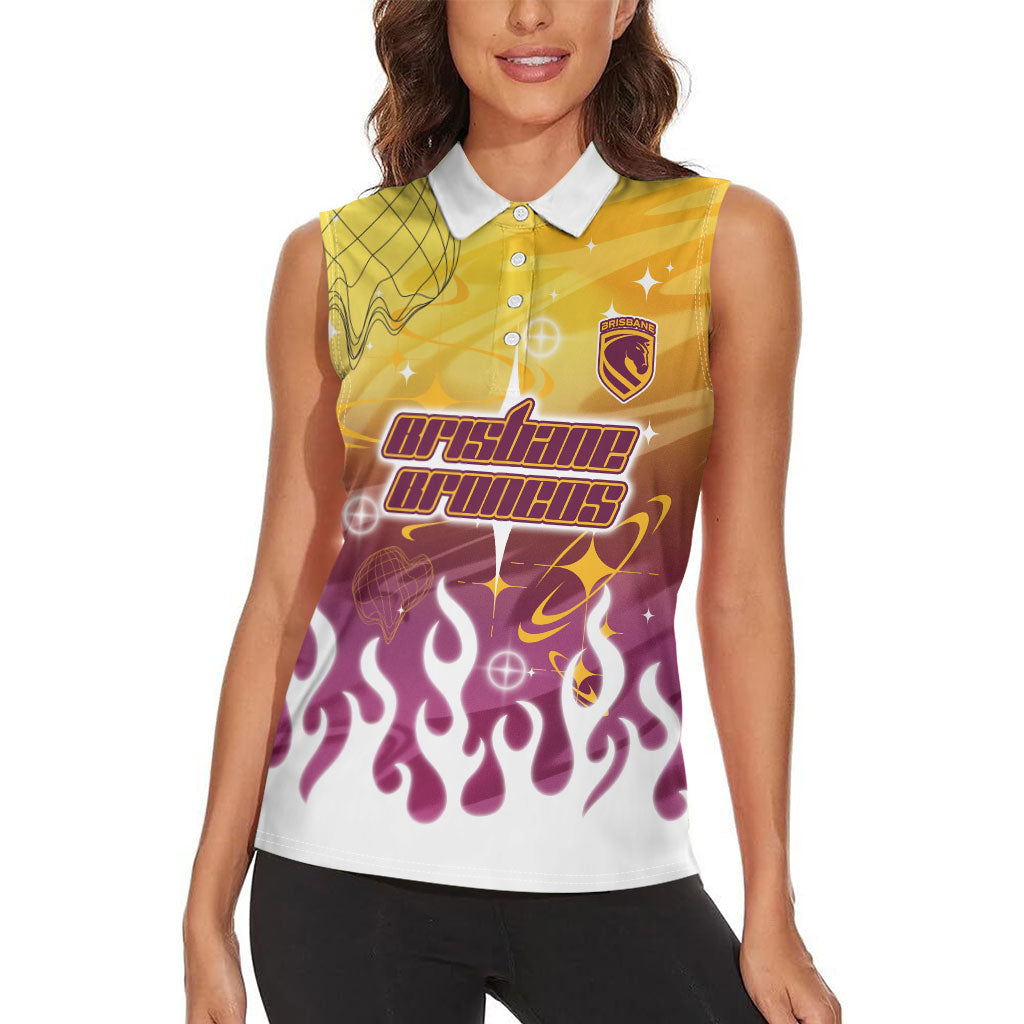 Personalized Brisbane Broncos Women Sleeveless Polo Shirt Y2K Grunge Aesthetic With Cyber Flames and Starburst Graphics