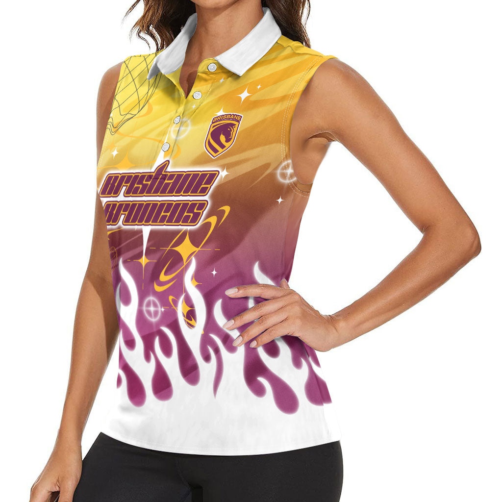 Personalized Brisbane Broncos Women Sleeveless Polo Shirt Y2K Grunge Aesthetic With Cyber Flames and Starburst Graphics