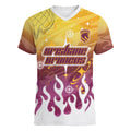 Personalized Brisbane Broncos Women V-Neck T-Shirt Y2K Grunge Aesthetic With Cyber Flames and Starburst Graphics