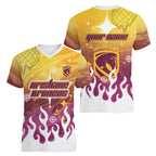 Personalized Brisbane Broncos Women V-Neck T-Shirt Y2K Grunge Aesthetic With Cyber Flames and Starburst Graphics