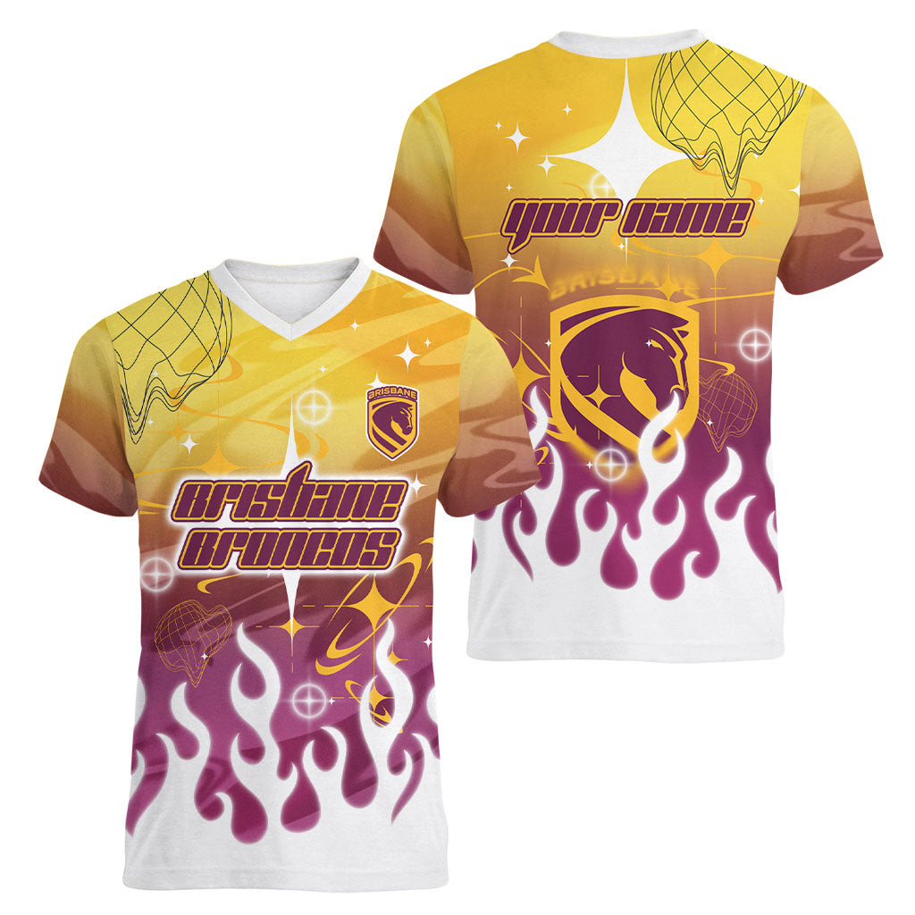 Personalized Brisbane Broncos Women V-Neck T-Shirt Y2K Grunge Aesthetic With Cyber Flames and Starburst Graphics