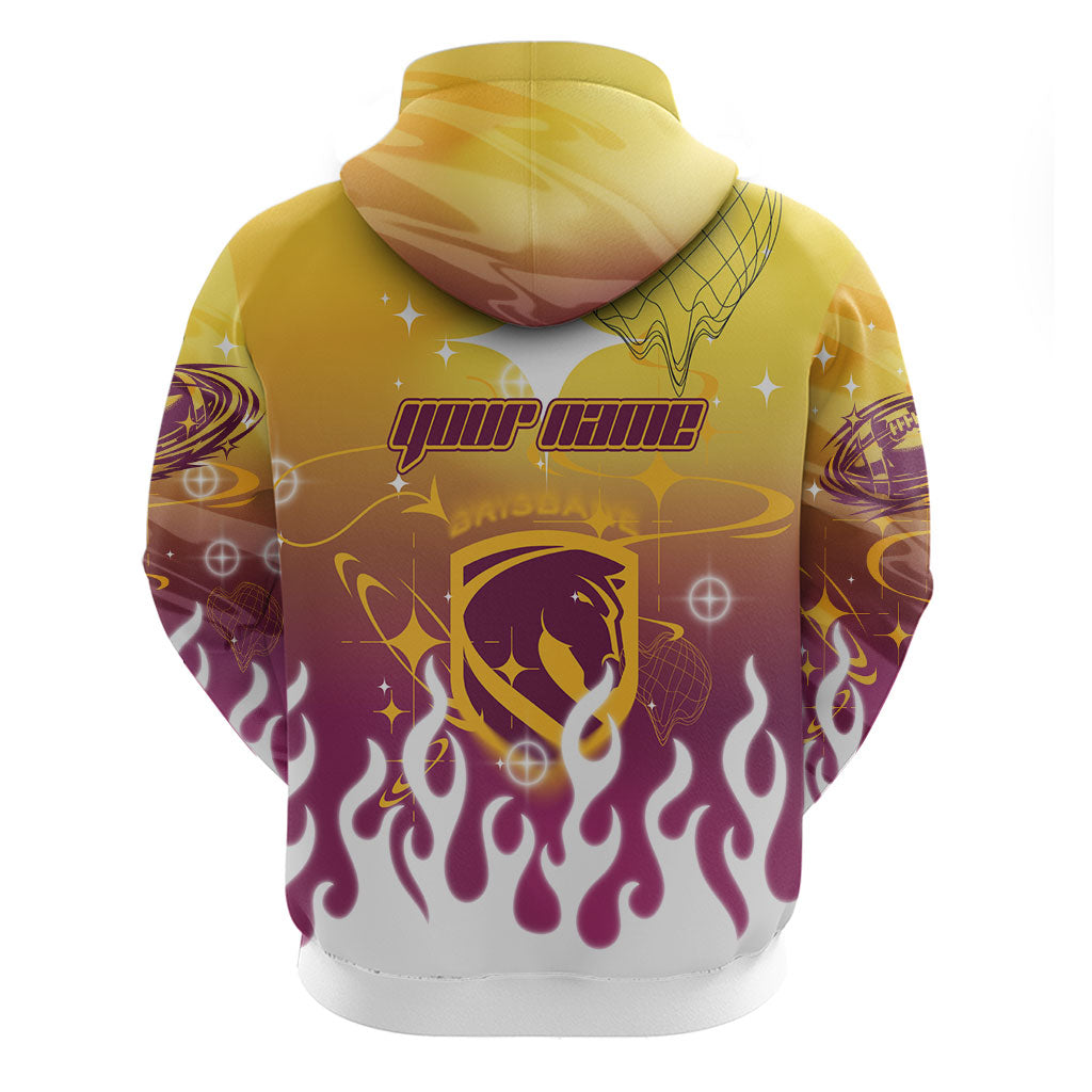 Personalized Brisbane Broncos Zip Hoodie Y2K Grunge Aesthetic With Cyber Flames and Starburst Graphics