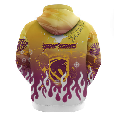 Personalized Brisbane Broncos Zip Hoodie Y2K Grunge Aesthetic With Cyber Flames and Starburst Graphics