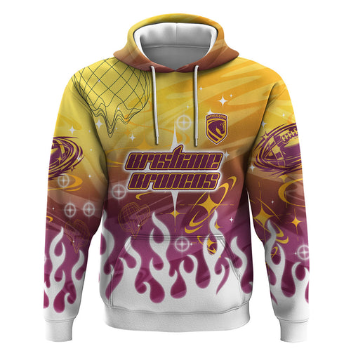 Personalized Brisbane Broncos Zip Hoodie Y2K Grunge Aesthetic With Cyber Flames and Starburst Graphics