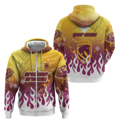 Personalized Brisbane Broncos Zip Hoodie Y2K Grunge Aesthetic With Cyber Flames and Starburst Graphics