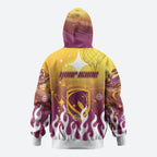 Personalized Brisbane Broncos Zip Hoodie Y2K Grunge Aesthetic With Cyber Flames and Starburst Graphics