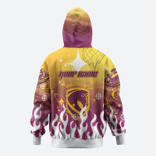 Personalized Brisbane Broncos Zip Hoodie Y2K Grunge Aesthetic With Cyber Flames and Starburst Graphics