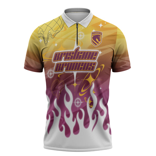 Personalized Brisbane Broncos Zipper Polo Shirt Y2K Grunge Aesthetic With Cyber Flames and Starburst Graphics