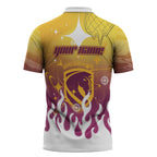 Personalized Brisbane Broncos Zipper Polo Shirt Y2K Grunge Aesthetic With Cyber Flames and Starburst Graphics