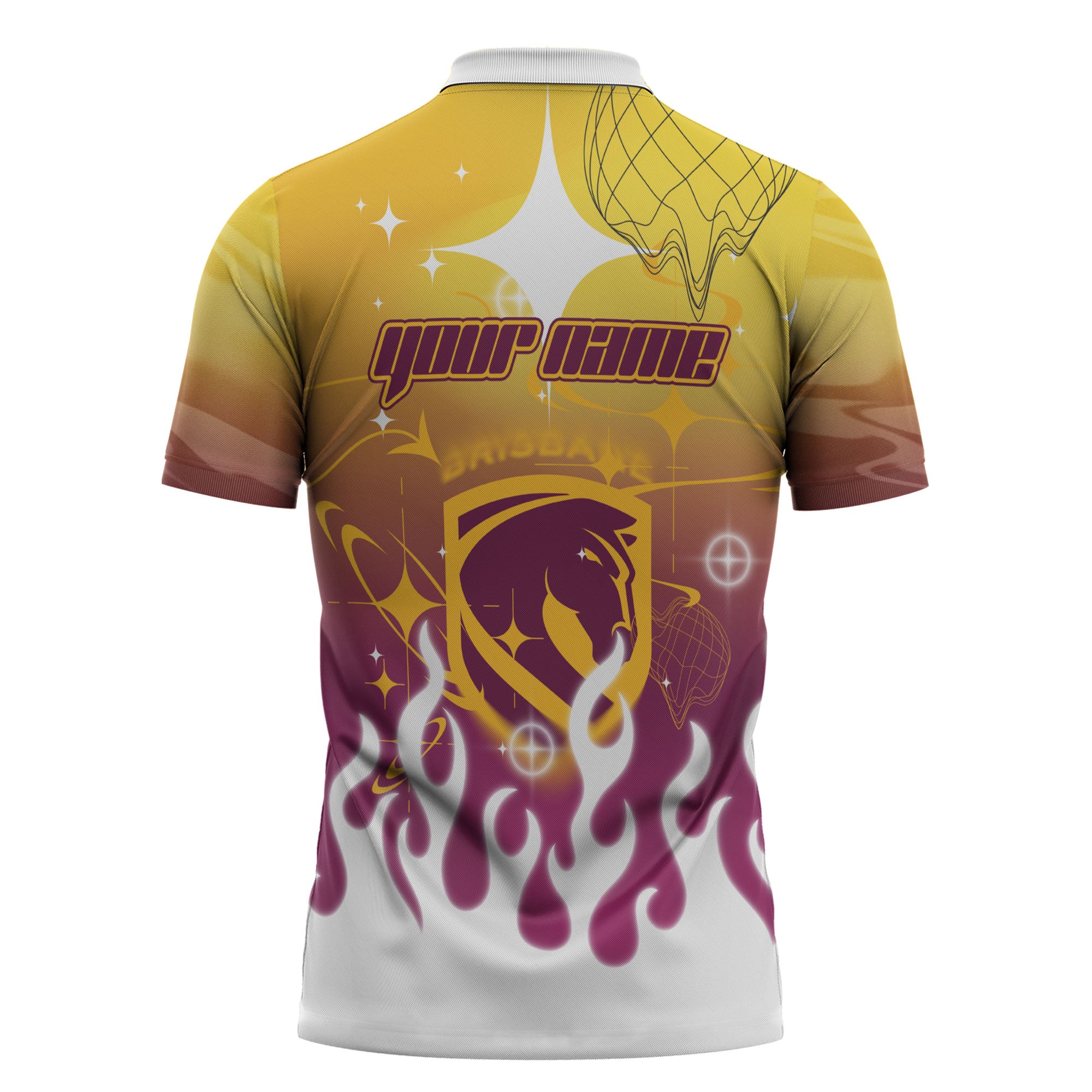 Personalized Brisbane Broncos Zipper Polo Shirt Y2K Grunge Aesthetic With Cyber Flames and Starburst Graphics