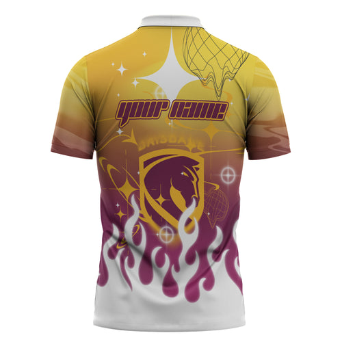 Personalized Brisbane Broncos Zipper Polo Shirt Y2K Grunge Aesthetic With Cyber Flames and Starburst Graphics