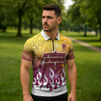Personalized Brisbane Broncos Zipper Polo Shirt Y2K Grunge Aesthetic With Cyber Flames and Starburst Graphics