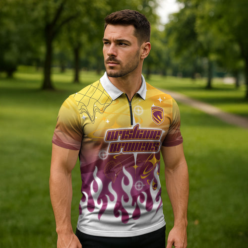 Personalized Brisbane Broncos Zipper Polo Shirt Y2K Grunge Aesthetic With Cyber Flames and Starburst Graphics
