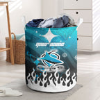 Personalized Cronulla-Sutherland Sharks Laundry Basket Y2K Grunge Aesthetic With Cyber Flames and Starburst Graphics