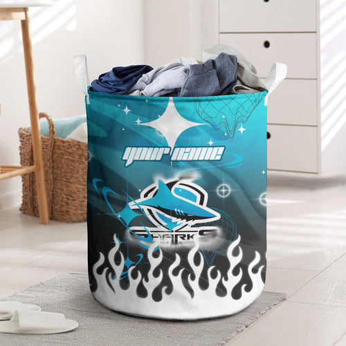 Personalized Cronulla-Sutherland Sharks Laundry Basket Y2K Grunge Aesthetic With Cyber Flames and Starburst Graphics
