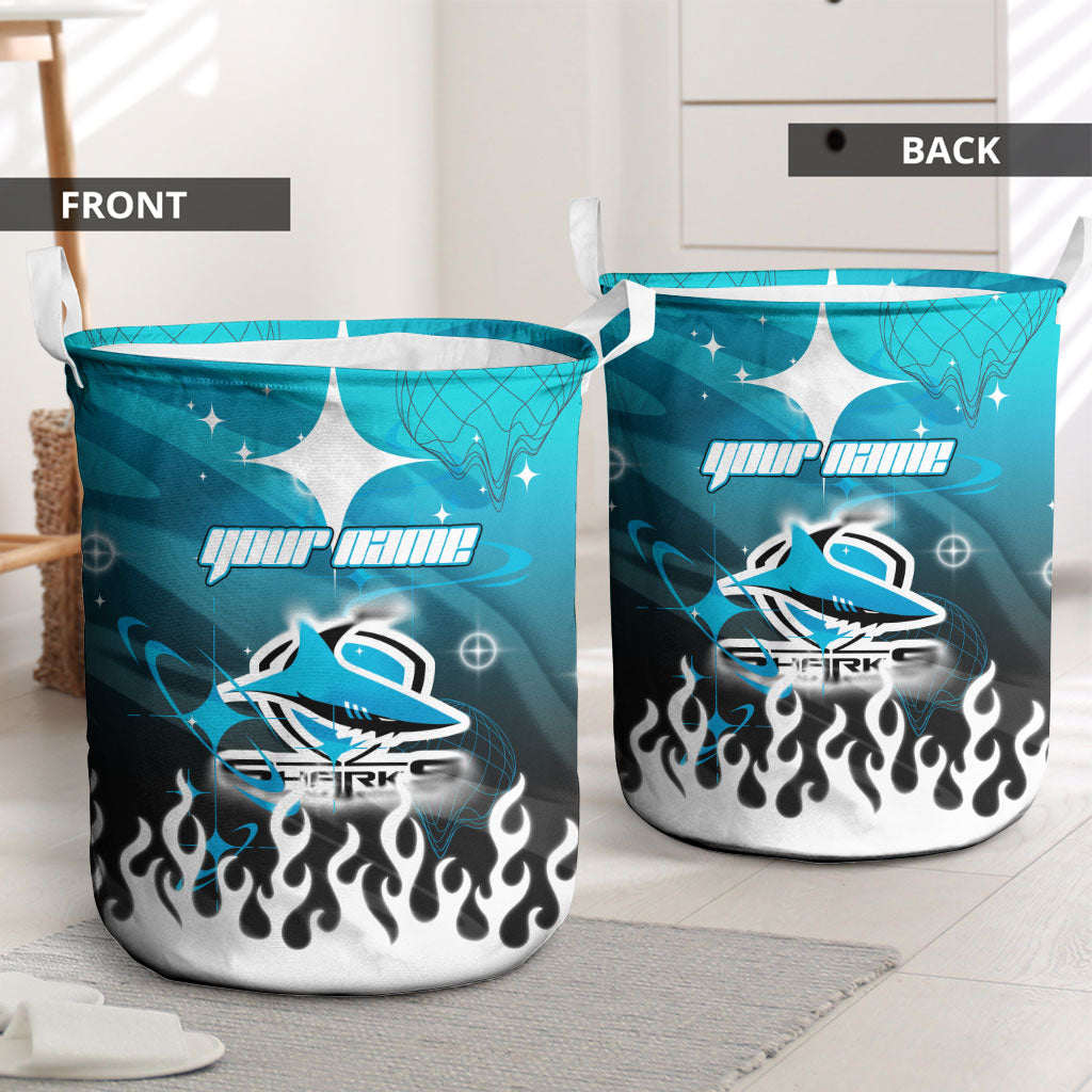 Personalized Cronulla-Sutherland Sharks Laundry Basket Y2K Grunge Aesthetic With Cyber Flames and Starburst Graphics