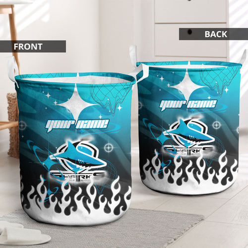 Personalized Cronulla-Sutherland Sharks Laundry Basket Y2K Grunge Aesthetic With Cyber Flames and Starburst Graphics
