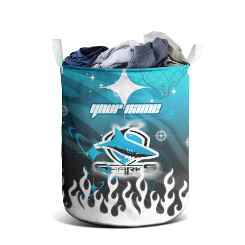 Personalized Cronulla-Sutherland Sharks Laundry Basket Y2K Grunge Aesthetic With Cyber Flames and Starburst Graphics