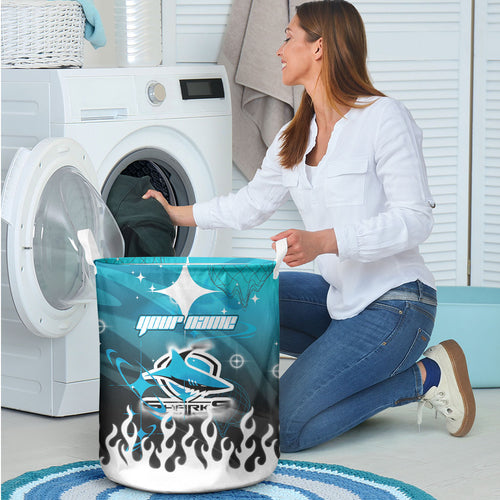 Personalized Cronulla-Sutherland Sharks Laundry Basket Y2K Grunge Aesthetic With Cyber Flames and Starburst Graphics