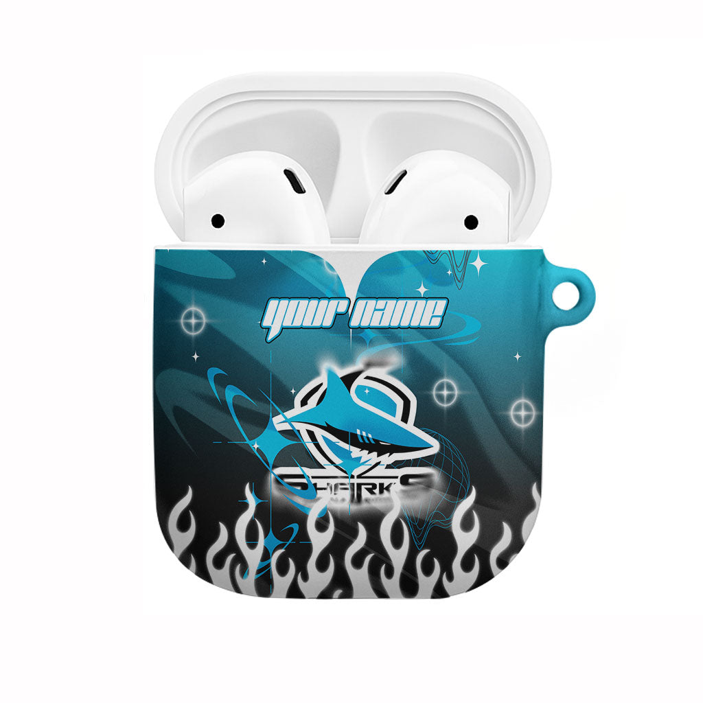 Personalized Cronulla-Sutherland Sharks AirPods Case Y2K Grunge Aesthetic With Cyber Flames and Starburst Graphics