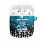 Personalized Cronulla-Sutherland Sharks AirPods Case Y2K Grunge Aesthetic With Cyber Flames and Starburst Graphics
