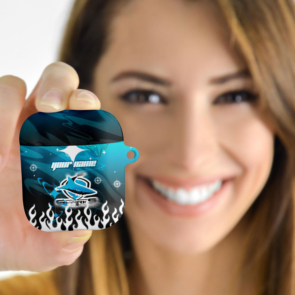 Personalized Cronulla-Sutherland Sharks AirPods Case Y2K Grunge Aesthetic With Cyber Flames and Starburst Graphics