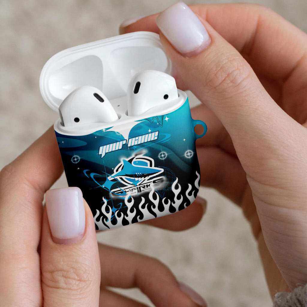 Personalized Cronulla-Sutherland Sharks AirPods Case Y2K Grunge Aesthetic With Cyber Flames and Starburst Graphics