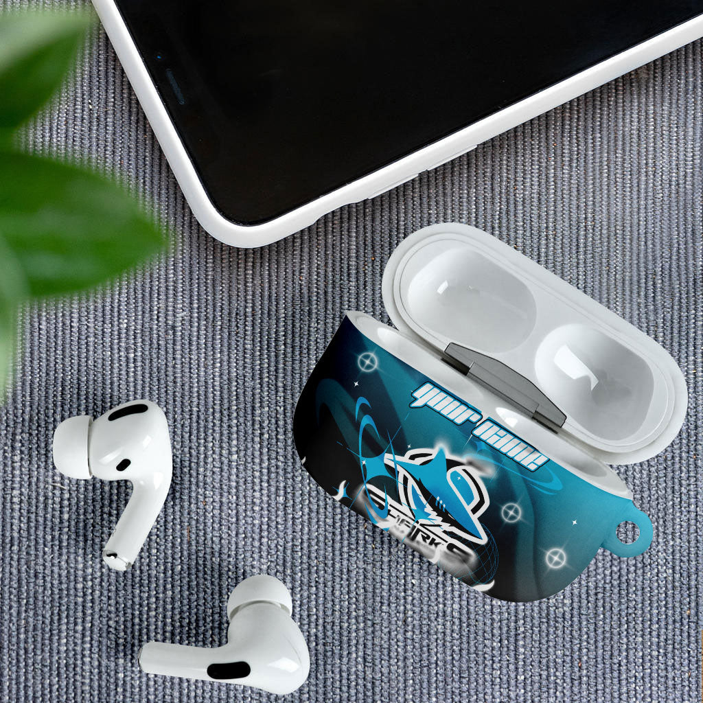 Personalized Cronulla-Sutherland Sharks AirPods Case Y2K Grunge Aesthetic With Cyber Flames and Starburst Graphics