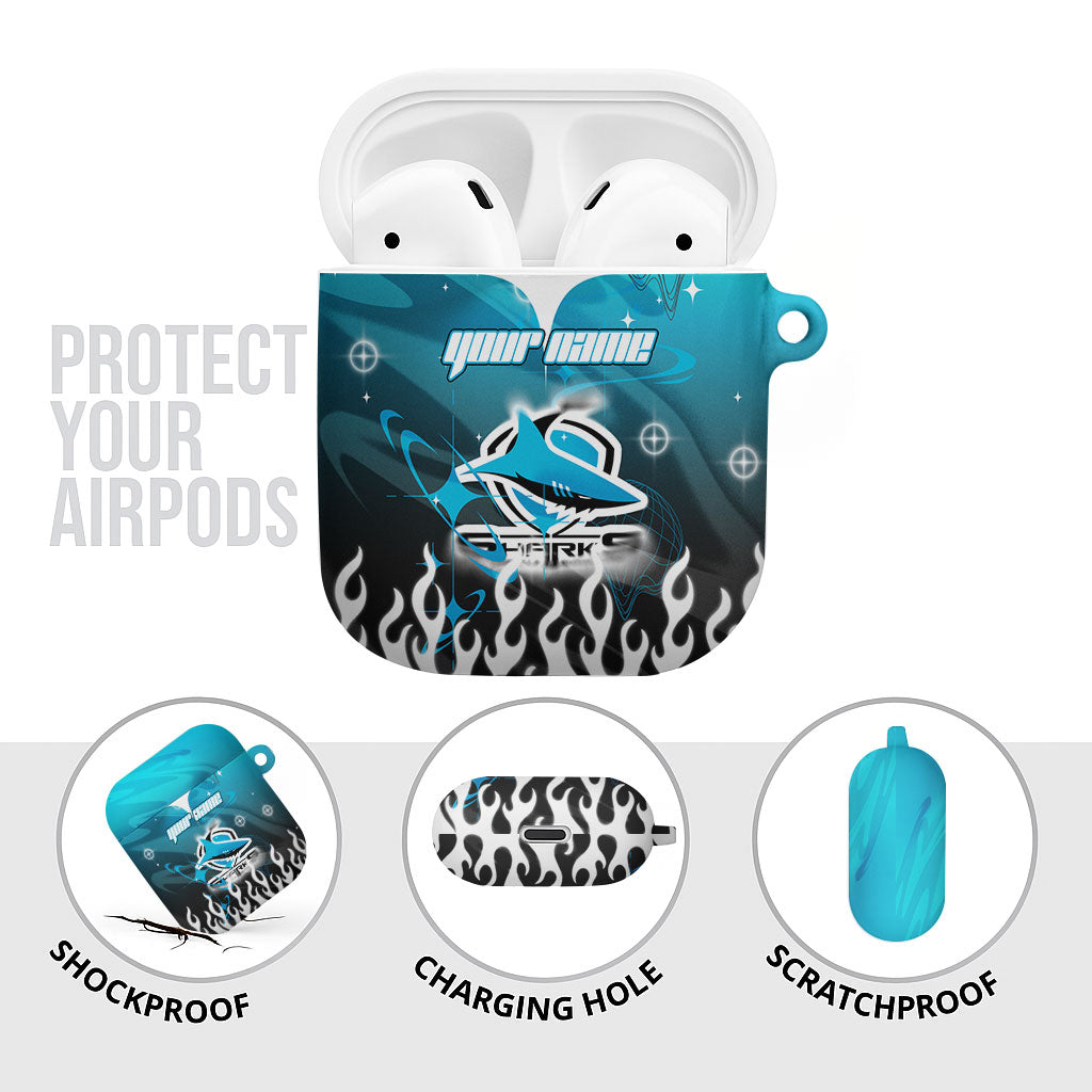 Personalized Cronulla-Sutherland Sharks AirPods Case Y2K Grunge Aesthetic With Cyber Flames and Starburst Graphics